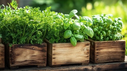 Fototapeta premium Growing herbs with parsley chives and basil in wooden containers