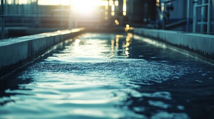 Obraz premium Close-up view of a water treatment plant with sunlight reflecting on the clear water, showcasing industrial clean water processing.