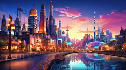 Obraz premium Vibrant anime cityscape at sunset with neon signs and skyscrapers