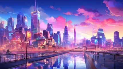 Obraz premium Vibrant anime cityscape at sunset with neon signs and skyscrapers