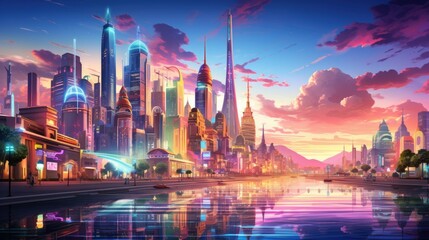 Obraz premium Vibrant anime cityscape at sunset with neon signs and skyscrapers