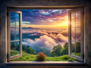 - Open window, distant landscape, misty atmosphere, surreal colors