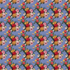 Seamless pattern with elegant blooming flowers. Spring floral background.