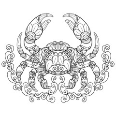Crab and waves hand drawn for adult coloring book