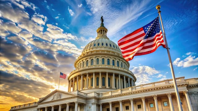 United States Capitol building exterior with American flag waving, symbolizing government power and federal laws, with a sense of patriotism and national importance.