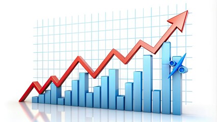 Obraz premium Upward trending line graph with arrows and percentage symbols on a white background, illustrating business success and increasing revenue in a growing market.