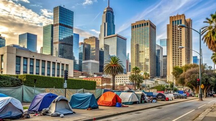 Urban landscape reveals a stark contrast of luxury skyscrapers and makeshift tents, highlighting the struggle of poverty and homelessness in modern Los Angeles streets.