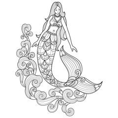 Mermaid and sea waves hand drawn for adult coloring book