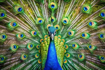 Obraz premium Peacock's Grand Display: Ornate, luxurious, blue, green, feathers, display