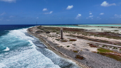 Lighthouse Bonaire At Kralendijk In Bonaire Netherlands Antilles. Island Beach. Blue Sea Landscape. Kralendijk At Bonaire Netherlands Antilles. Tourism Background. Nature Seascape.