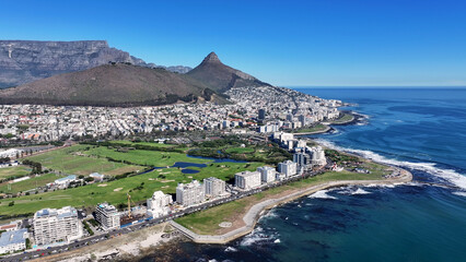Green Point At Cape Town In Western Cape South Africa. Table Mountain Landscape. Downtown District. Cape Town At Western Cape South Africa. Tourism Travel. Stunning Skyline. © bydronevideos