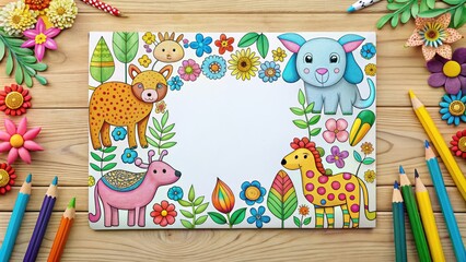 Vibrant, blank coloring page mockup featuring whimsical illustrations of animals, flowers, and shapes, set against a white background, waiting for creative expression.
