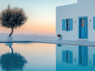 A house with a blue door and blue shutters sits next to a pool