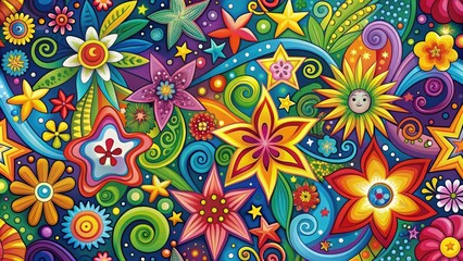 Vibrant, colorful, and playful illustration of assorted clip-art elements, including stars, flowers, swirls, and border designs, arranged in a whimsical and creative composition.