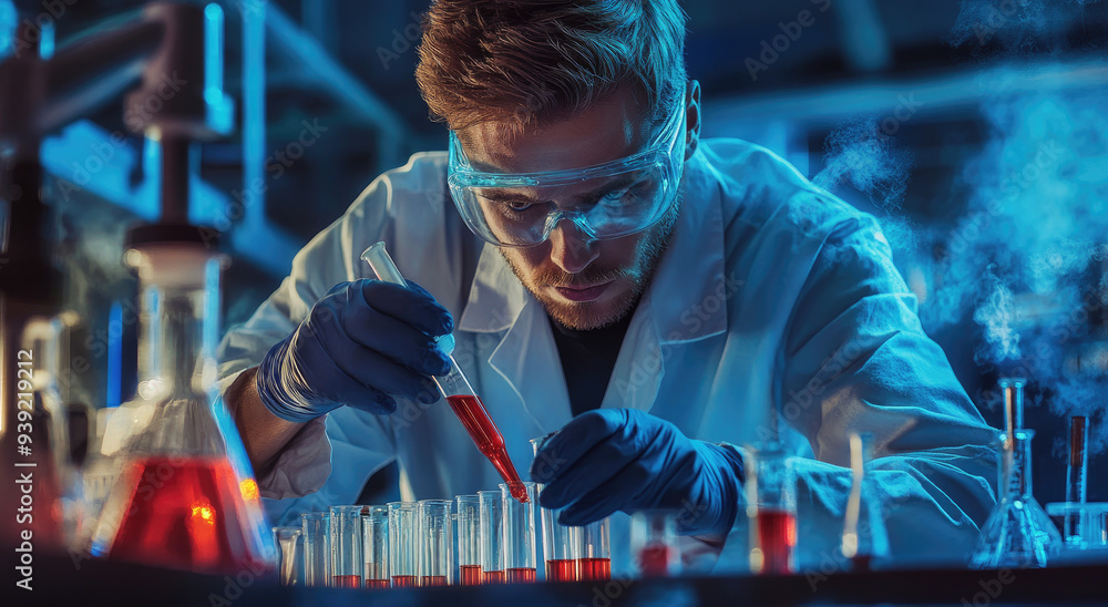 Poster A scientist is working in the laboratory, creating test tubes with red liquid inside and blue light around them