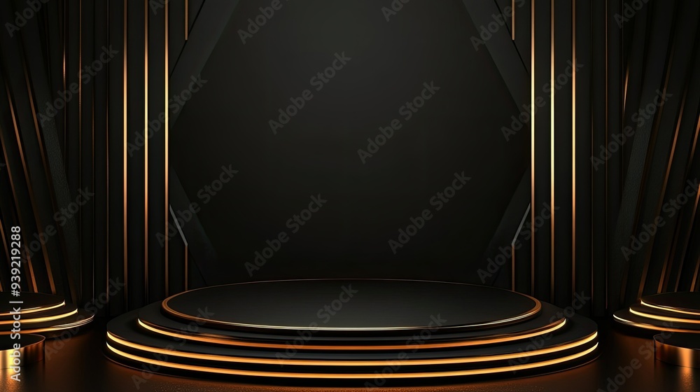 Wall mural luxury podium abstract design with dark gold color on black background. premium design for wallpaper