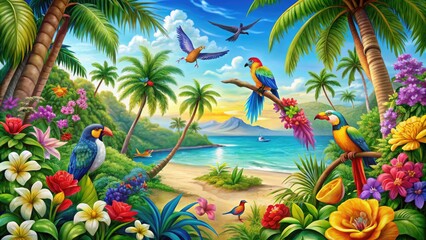 Vibrant, hand-drawn illustration of a lush tropical paradise with swaying palm trees, colorful flowers, and exotic birds set against a bright blue sky.