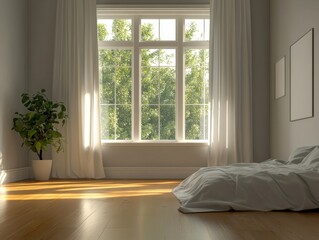 Fototapeta premium A bedroom with a large window and a white bed