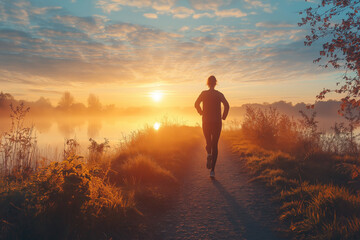 Obraz premium A person jogging along a scenic trail during sunrise, with the soft glow of the morning light symbolizing the start of a healthy day