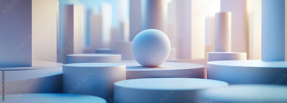 Poster 71. Dynamic 3D render with overlapping geometric elements and a smooth ceramic circle backdrop