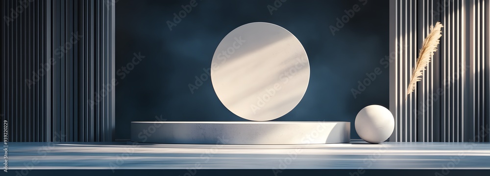 Poster 71. Dynamic 3D render with overlapping geometric elements and a smooth ceramic circle backdrop