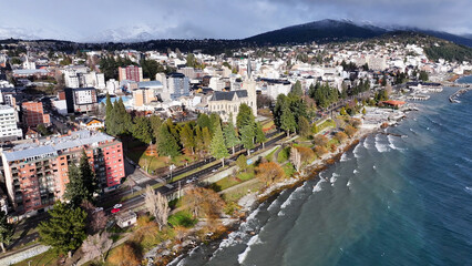 Naklejka premium Bariloche Cathedral At San Carlos De Bariloche In Rio Negro Argentina. Medieval Church. Downtown City. Stunning Cityscape. Bariloche Cathedral At San Carlos De Bariloche In Rio Negro Argentina.