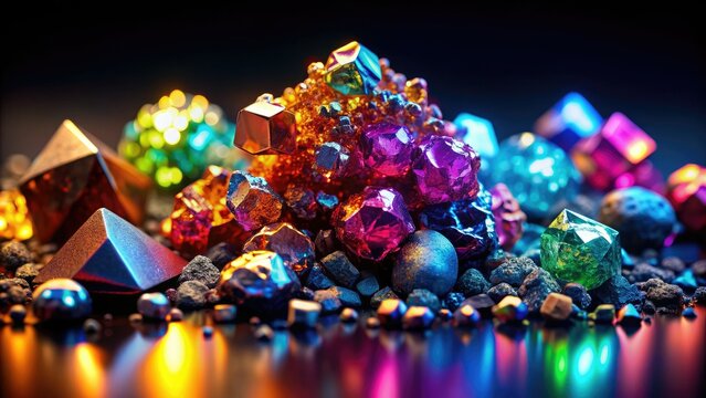 Vibrant, shimmering rare earth elements in various forms and colors, including neodymium, dysprosium, and cerium, displayed on a dark background, highlighting their unique properties.