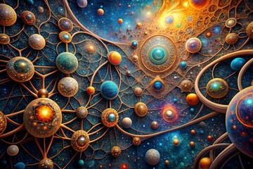 Quantum Tapestry: Surreal, ethereal, interconnected molecules, cosmic threads