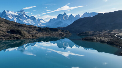 Grey Lake At Torres Del Paine In Antarctica Chile. Snowy Mountains. Lake Landscape. Antarctica...