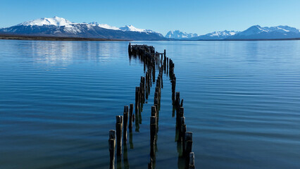 Famous Port At Puerto Natales In Antarctica Chile. Snowy Mountains. Bay Water Landscape. Antarctica...