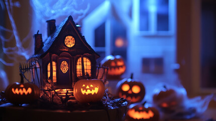 Halloween pumpkins decorations and party supplies with lanterns, candles for a memorable celebration.Halloween is celebrated on October 31st with costumes, trick-or-treating, and spooky decorations