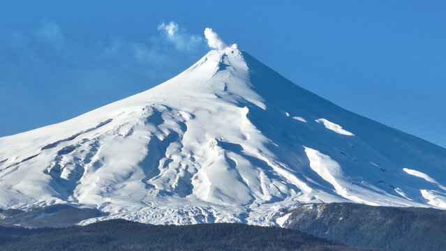 Villarrica Volcano At Pucon In Los Rios Chile. Volcano Scenery. Snow Capped Mountain. Nature Aerial View. Pucon Chile. Winter Landscape. Villarrica Volcano At Pucon In Los Rios Chile.