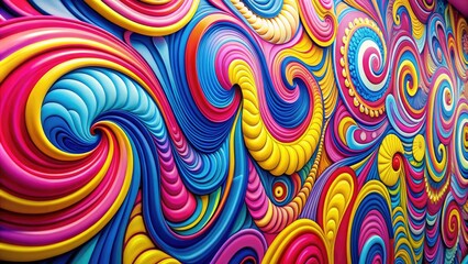Fototapeta premium Vibrant, swirling patterns of pink, blue, and yellow hues create a mesmerizing, trippy design on a statement wall, evoking a sense of retro psychedelic flair.