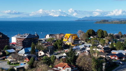 Coastal City At Puerto Varas In Los Lagos Chile. Volcano Landscape. Downtown Cityscape. Los Lagos...