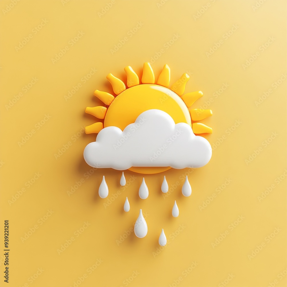 Poster a 3d single icon of a sun with a light cloud and raindrops beneath illustrating mixed weather condit