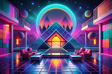 Retrofuturism: Vintage aesthetics, futuristic elements, bold colors, nostalgia, geometric