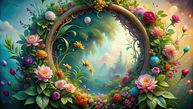 Vibrant, whimsical floral arrangement within a mystical circular frame, adorned with intricate vines and ornate patterns, set against a soft, ethereal background.