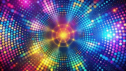 Obraz premium Vibrant abstract background featuring intricate geometric patterns composed of small, perfectly spaced dots in shades of pink, blue, and yellow, creating a mesmerizing visual effect.