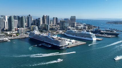 Cruise Ships At San Diego In California United States. Famous Coast City. Harbor Island. Cruise Ships At San Diego In California United States. 