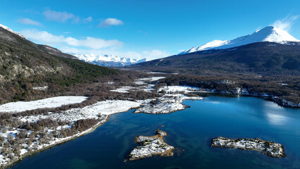 Lapataia Bay At Ushuaia In Fin Del Mundo Argentina. Snowy Mountains. Nature Landscape. Fin Del...