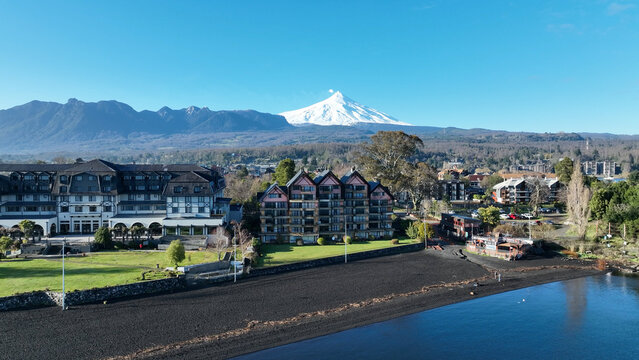 Vulcanic Beach At Pucon In Los Rios Chile. Coastal City. Vulcanic Scenery. Tourism Landscape. Pucon Chile. Volcano Background. Vulcanic Beach At Pucon In Los Rios Chile.