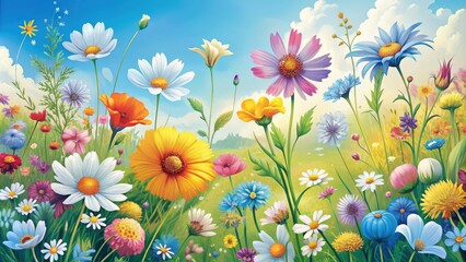 Vibrant And Delicate Vector Illustration Of Wildflowers In Full Bloom, Creating A Serene And Picturesque Background.