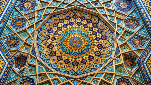 Vibrant and intricate Arabic geometric pattern adorns ancient Iraqi architecture, showcasing rich cultural heritage and stunning Islamic artistry in a mesmerizing display of beauty.