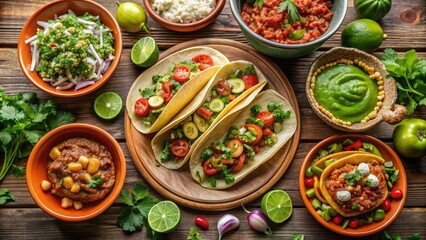 Fototapeta premium Vibrant arrangement of traditional Mexican dishes, including tacos, enchiladas, and guacamole, surrounded by fresh cilantro, limes, and colorful sombreros on a rustic wooden table.
