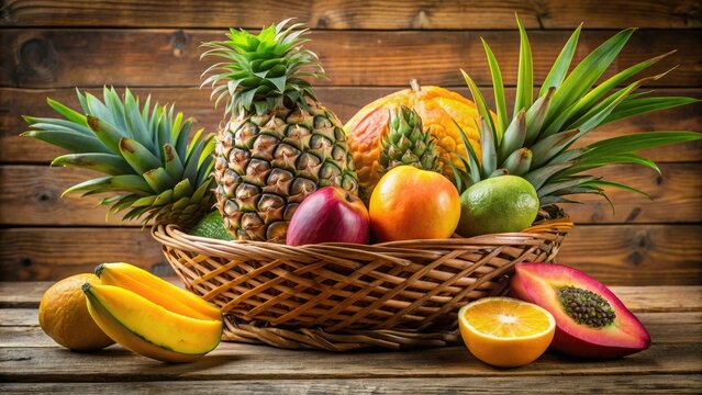 Vibrant arrangement of fresh tropical fruits, including pineapple, mango, and papaya, artfully displayed on a woven basket against a sunny wooden background.