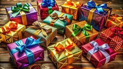 Vibrant assortment of colorful gifts wrapped in shiny papers, ribbons, and bows, arranged artfully on a rustic wooden table, evoking festive holiday cheer.