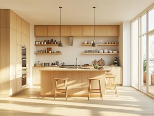 A kitchen with a wooden island and two stools