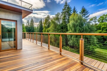Fototapeta premium Scandinavian Minimalism: Sleek wooden deck railing with clean lines, neutral colors, and functional simplicity