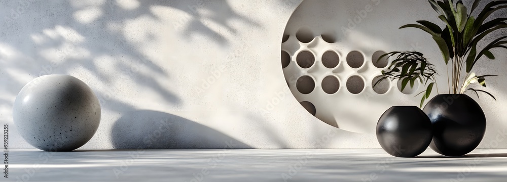 Poster 68. contemporary abstract 3d render with floating geometric patterns and a rich circle ceramic surfa