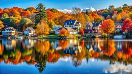 Vibrant autumn foliage surrounds a serene lake in a picturesque New Jersey township on a crisp fall day with clear blue skies.